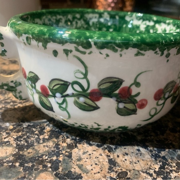 None Other - Hand-Painted Ceramic Bowl with Green and Red Design